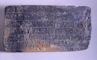 Tablet met inscriptie in Lineair B, terracotta uit de Nestor Paleis archieven in Pylos (Griekenland), Myceense beschaving, ca 13e eeuw v.Chr. door Mycenaean