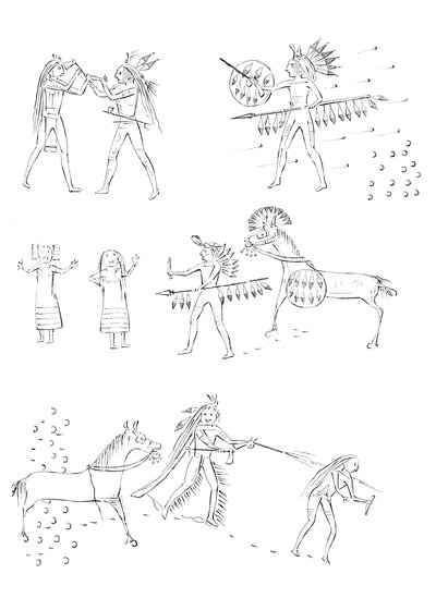 Heldendaden van Four Bears, Native American krijger, 1841 door Myers and Co