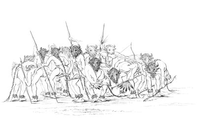 Inheemse Amerikaanse jagers dansen met buffelmaskers, 1841 door Myers and Co