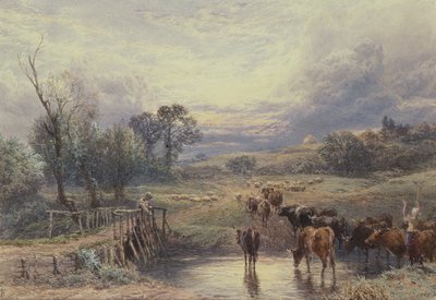 Landschap met vee en brug door Myles Birket Foster