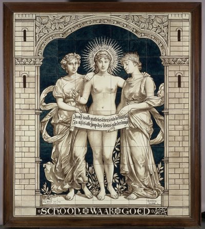 Tegeltableau met de personificaties van het Schone, het Ware en het Goede door N.V. Haagsche Plateelfabriek Rozenburg