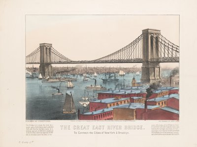 De grote East River brug: om de steden New York en Brooklyn te verbinden, ca. 1872 door Nathaniel Currier