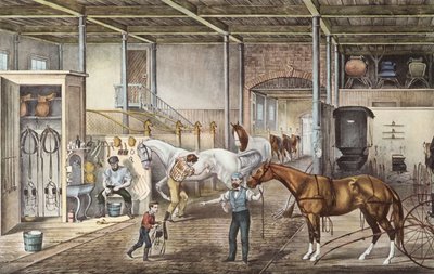 Modelstal waar jongens en stalknechten echt voor paarden zorgen, gravure uit boek "America" door Currier en Yves 1870 door N. and Ives J.M. (1824 95) Currier