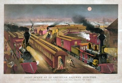 Nacht Scène bij een Amerikaans Spoorwegknooppunt door Currier & Ives door Currier and Ives
