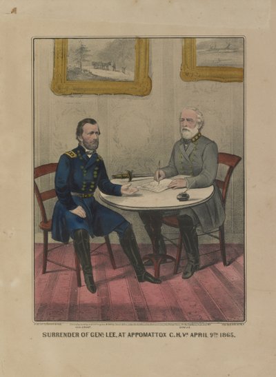 Overgave van Genl. Lee, bij Appomattox C.H. Va. 9 april 1865 (kleur lithografie) door Currier and Ives