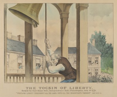 De Vrijheidsklok geluid door de State House Bell, Philadelphia op 4 juli 1776 door Currier and Ives