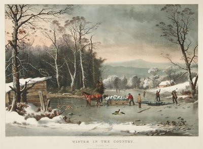 Winter op het platteland, ijs halen door Currier and Ives