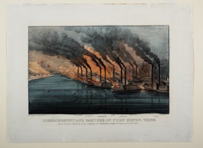 Bombardement en verovering van Fort Henry, Tenn, c.1862 door N. and Ives, J.M. Currier