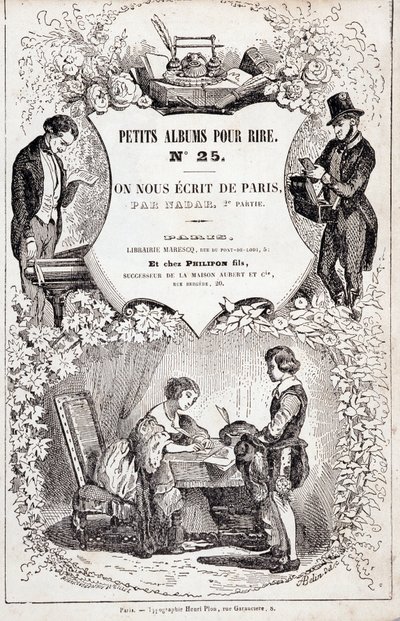 Frontispice van "Kleine albums voor lachen nummer 25. Ze schreven ons uit Parijs. Tweede deel", 1850 (gravure) door Nadar