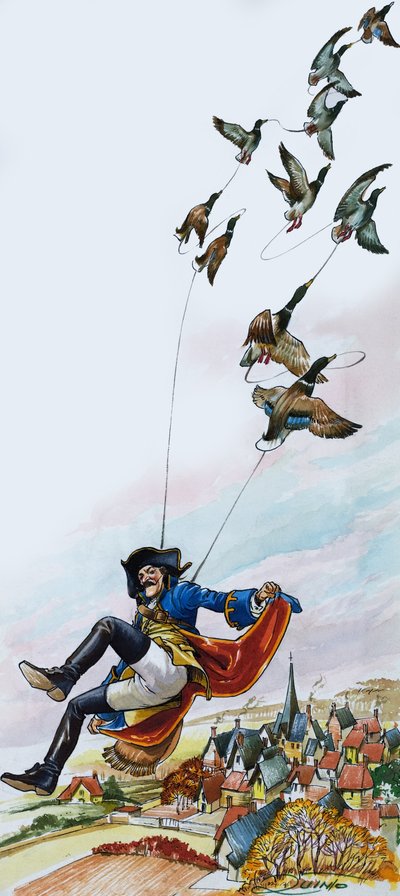 Baron van Munchausen wordt meegesleept door eenden (gouache op papier) door Nadir Quinto