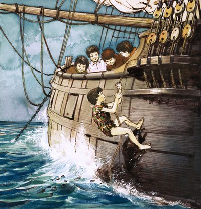 Peter Pan klimt aan boord, illustratie uit 
