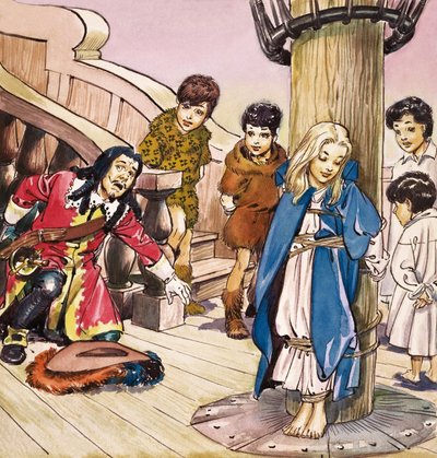 Wendy vastgebonden aan de mast, illustratie uit 