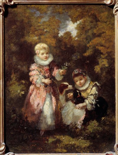 Kinderen en honden Schilderij door Narcissus Diaz de la Pena (1807-1876) door Narcisse Virgile Diaz de la Peña
