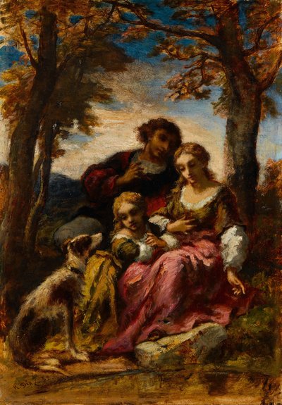 Figuren en een hond in een landschap door Narcisse Virgile Diaz de la Peña
