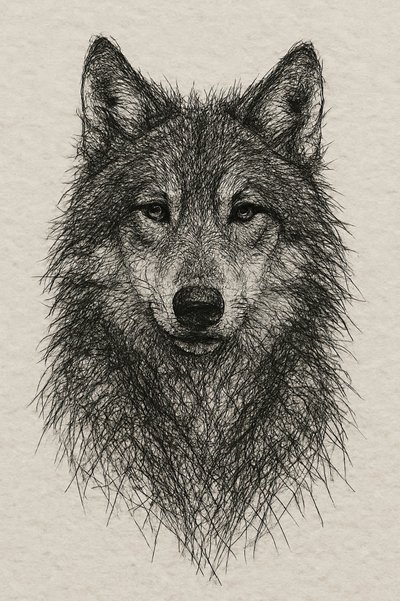 Gedetailleerde tekening van een wolf door Natalie Bruns