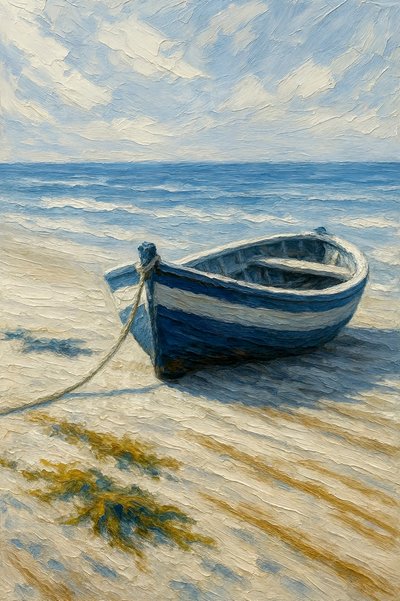 Serene Blue Boat Beach door Natalie Bruns
