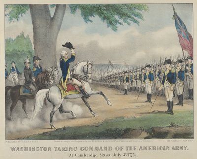 Washington neemt het bevel over het Amerikaanse leger - In Cambridge, Massachusetts, 3 juli 1775, 1876 door Currier and Ives