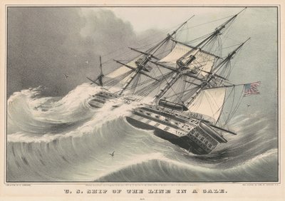 Amerikaans linieschip in een storm door Nathaniel Currier