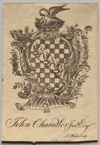 Boekplaat: Wapen met inscriptie John Chandler Jun.r, Esq. door Nathaniel Hurd