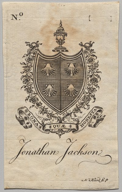 Boekplaat: Wapen met inscriptie Jonathan Jackson door Nathaniel Hurd