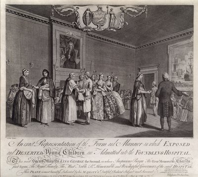 Een exacte weergave van de vorm en manier waarop verlaten en verlaten jonge kinderen worden toegelaten tot het vondelingenhuis, 1749 door Nathaniel Parr
