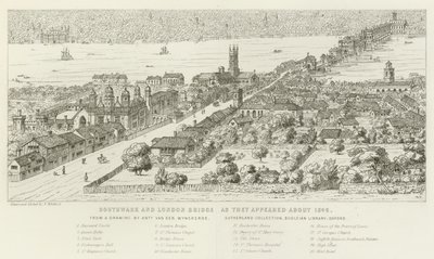 Southwark en London Bridge, zoals ze eruitzagen rond 1546 door Nathaniel Whittock
