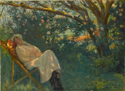 Dame in roze op een chaise longue door Nazmi Ziya Gueran