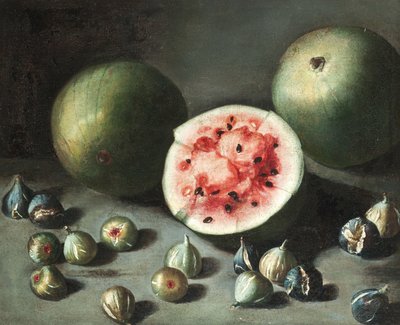 Watermeloenen en vijgen op een stenen richel door Neapolitan School