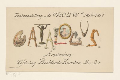 Annoncekaart van de tentoonstelling De Vrouw, 1813-1913 door Nelly Bodenheim (signed by artist)