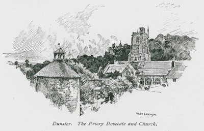 Dunster, De Priorij Duiventil en Kerk (litho) door Nelly Erichsen