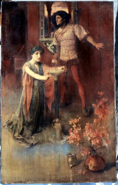 "Een vrouw knielt voor een kristallen bol, een man wacht achter haar met een mengeling van angst en nieuwsgierigheid. Schilderij van Nelly Erichsen (actief circa 1882-1893) Privécollectie door Nelly Erichsen