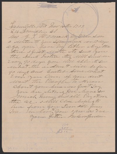Brief van Nelson Jordan aan Julia Womack met een envelop, 16 november 1909 door Nelson Jordan