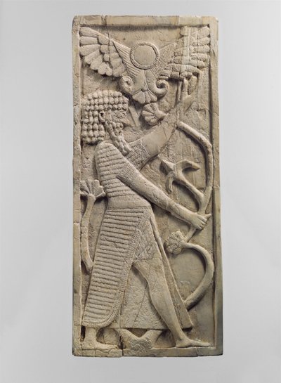 Meubelplaat Gesneden in Reliëf met een Mannelijke Figuur die een Boom Vasthoudt door Neo Assyrian Neo Assyrian