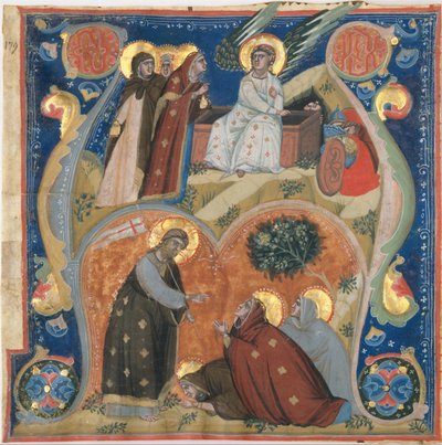 Manuscriptverlichting met scènes van Pasen in een initiaal A, uit een antifonarium, Italiaans, ca. 132 door Neri da Rimini
