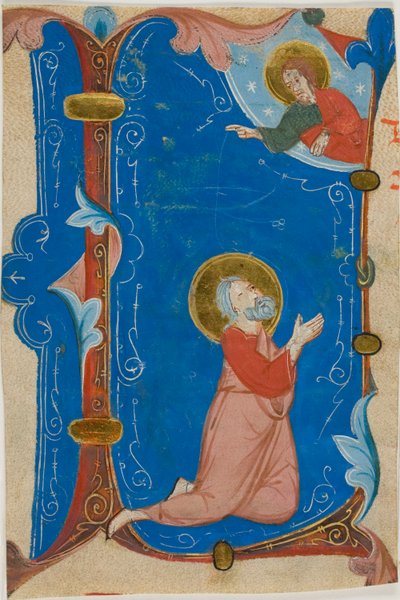 Biddende heilige (Mozes?) met Christus in een gehistorieerde initiaal "L", uit een koorboek door Neri da Rimini