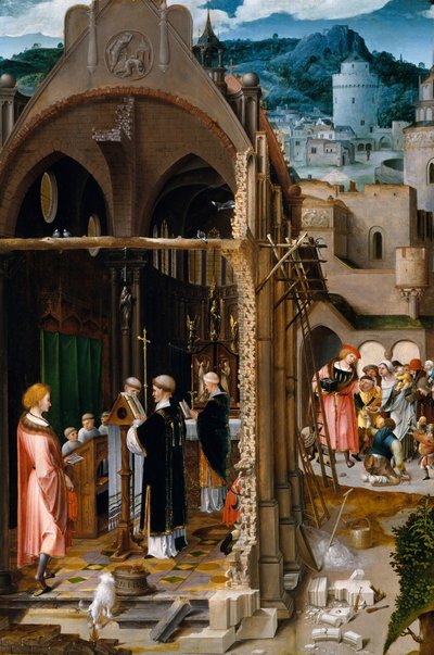 Een Preek over Liefdadigheid mogelijk de Bekering van Sint Antonius door Netherlandish