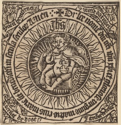 Goddelijk Kind met de Wereldbol in een Cirkel met Vier Engelen door Netherlandish 15th Century