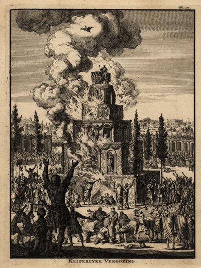 Vijf verdiepingen hoge brandstapel voor een Romeinse keizer in Rome door Netherlandish School