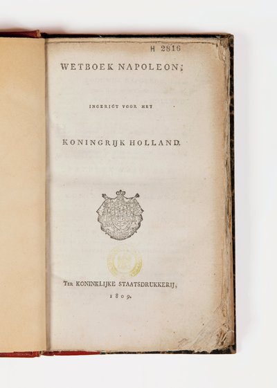 Napoleon code voor het Koninkrijk Holland, open op de titelpagina, gepubliceerd Koninklijke Staatsdrukkerij, 1809 door Netherlandish School