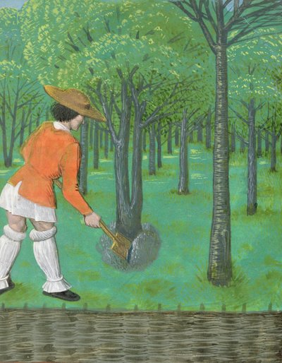Man met een spade in een boomgaard, uit 