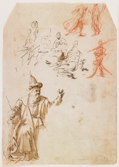 Studie van een oudtestamentische profeet en andere figuurstudies (recto); Studie van een mannelijke figuur met een touw (verso) door Netherlandish School