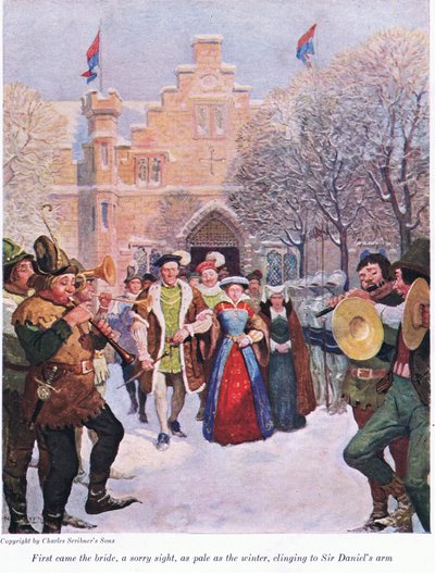 Eerst kwam de bruid, een triest gezicht, zo bleek als de winter, zich vastklampend aan de arm van Sir Daniel door Newell Convers Wyeth