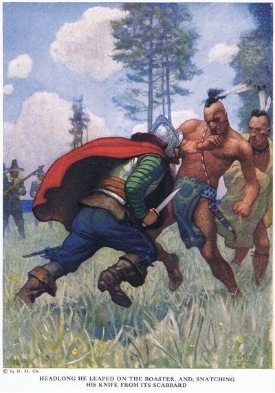Hij Sprong Hoofdlongs op de Opschepper, en Rukte zijn Mes uit zijn Schede door Newell Convers Wyeth