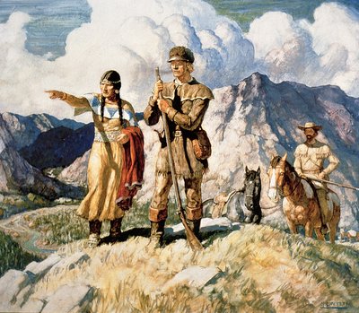 Sacagawea met Lewis en Clark tijdens hun expeditie van 1804-06 (kleur litho) door Newell Convers Wyeth