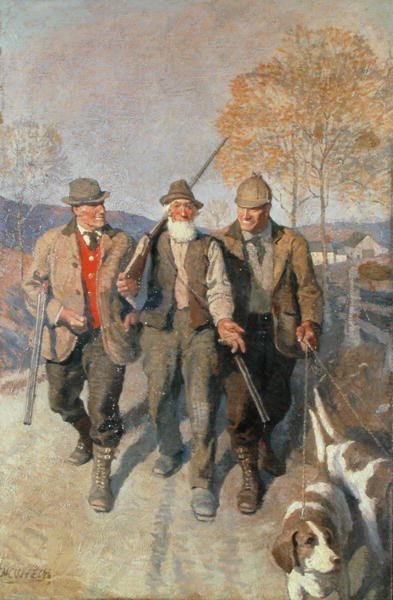 Drie jagers en honden door Newell Convers Wyeth