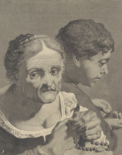 Kopie in omgekeerde richting van een oude vrouw met een rozenkrans en een jongen die munten telt door Niccolò Cavalli