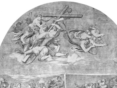 Engelen die het Kruis Dragen met Heiligen eronder (linkerbovenhoek van het Laatste Oordeel) door Niccolo della Casa
