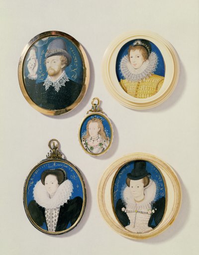 Miniaturen, van L naar R, T naar B: Man met een hand uit een wolk; Onbekende jonge man, 1588; Mevrouw Holland 26 jaar, 1593; Arabella Stuart, hertogin van Lennox; Onbekende dame door Nicholas Hilliard