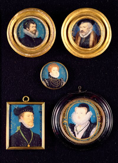 Miniaturen van Hilliards vader en moeder, zelfportret en onbekende portretten van man en vrouw door Nicholas Hilliard