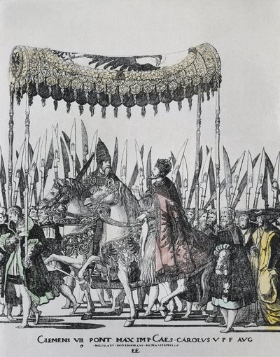 HOGENBERG, Nicolas. De Kroning van Karel V in Bologna. KAREL V, Heilige Roomse Keizer en Koning van Spanje; CLEMENS VII, Paus tussen 1523 en 1534. Gravure door Nicholas Hogenberg